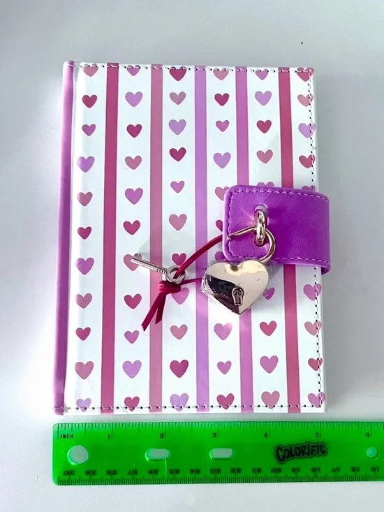 Notebook Journal Diary with Heart Lock & Key Pink Hearts & Stripes on White. - Picture 13 of 15